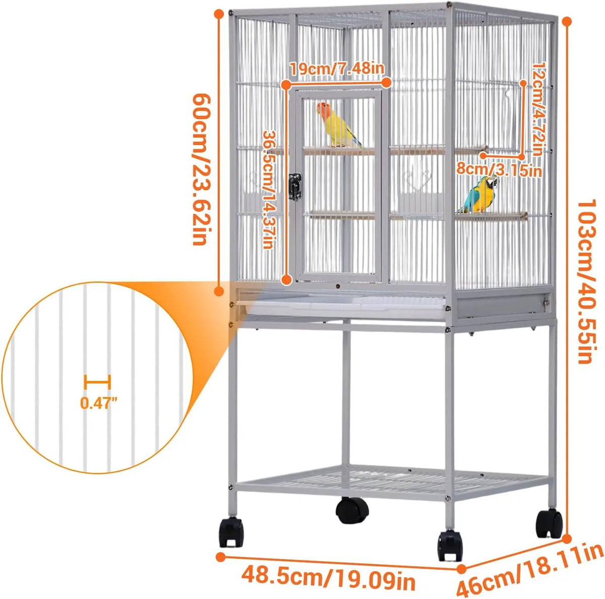 Large Bird Cage with Rolling Stand, Wrought Iron Parakeet Cage with Slide Out Tray Parrot Cages with Tray Food Boxes and Wooden
