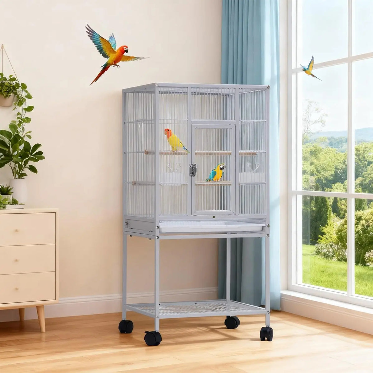 Large Bird Cage with Rolling Stand, Wrought Iron Parakeet Cage with Slide Out Tray Parrot Cages with Tray Food Boxes and Wooden