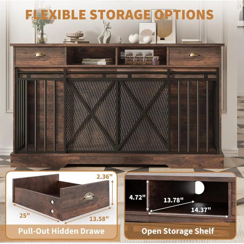Double Dog Crate Furniture With Divider And Sliding Doors