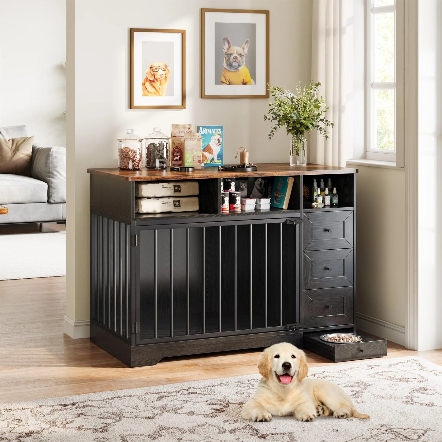 HiMISS Farmhouse Wooden Dog Crate End Table With Six Storage Drawers