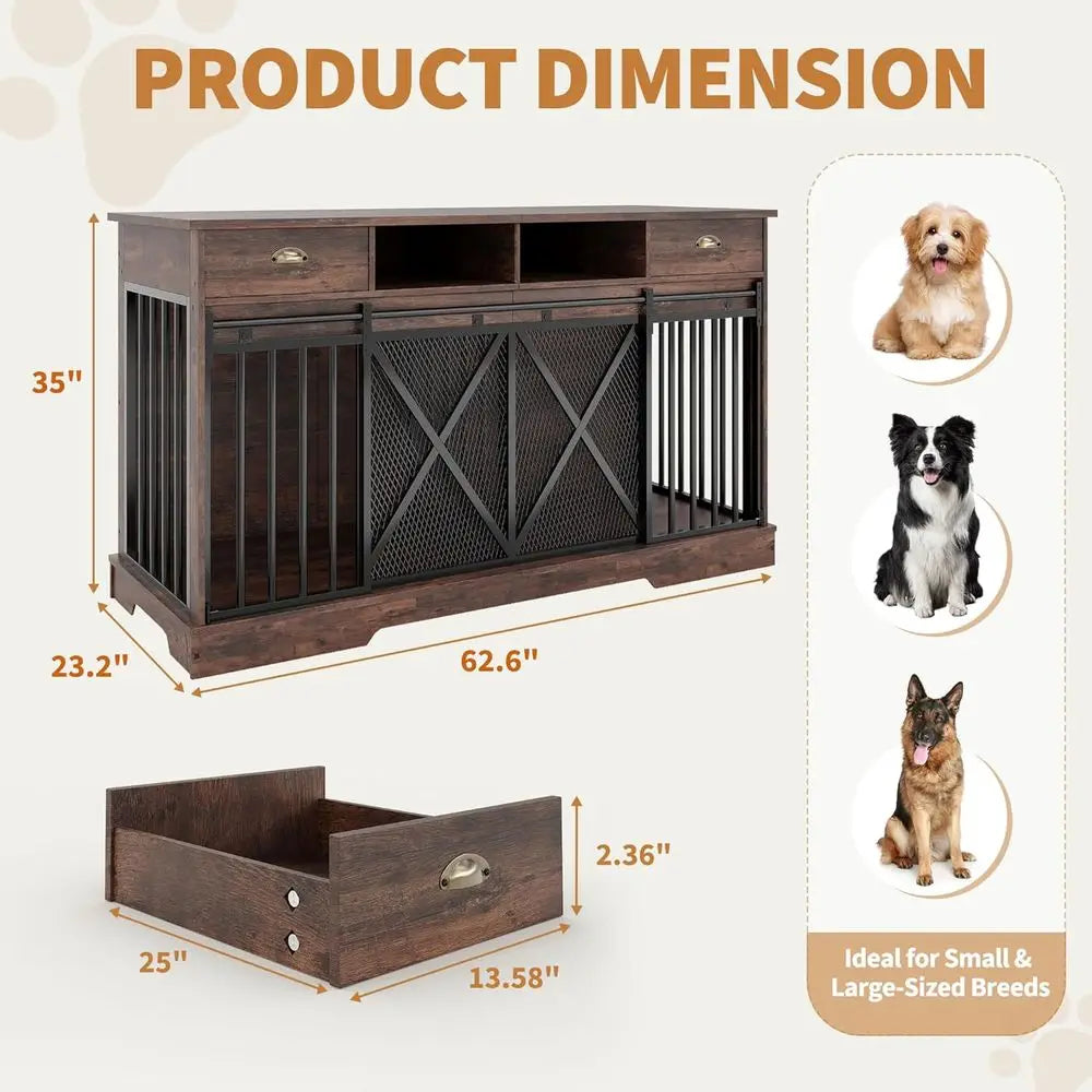Double Dog Crate Furniture With Divider And Sliding Doors