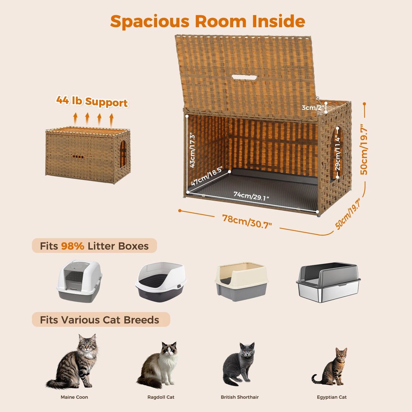 PEQULTI Rattan Cat Litter Box Enclosure With Taller Doorway And Raised Edge Mat