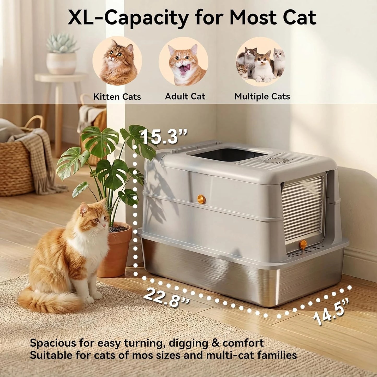 Stainless Steel Cat Litter Box With Enclosed Odor Control Flip Top Lid