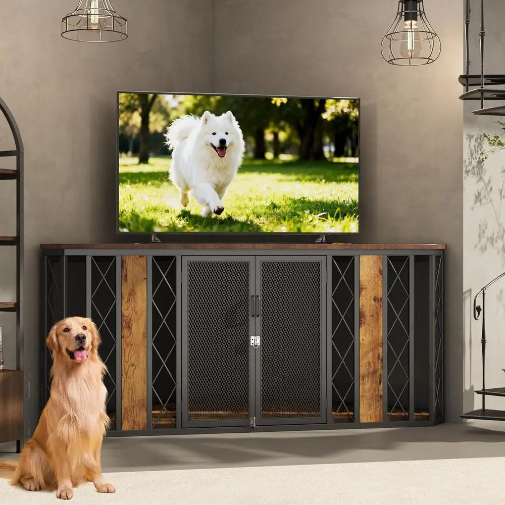 Corner Wooden Dog Crate Furniture With Diamond Metal Accent