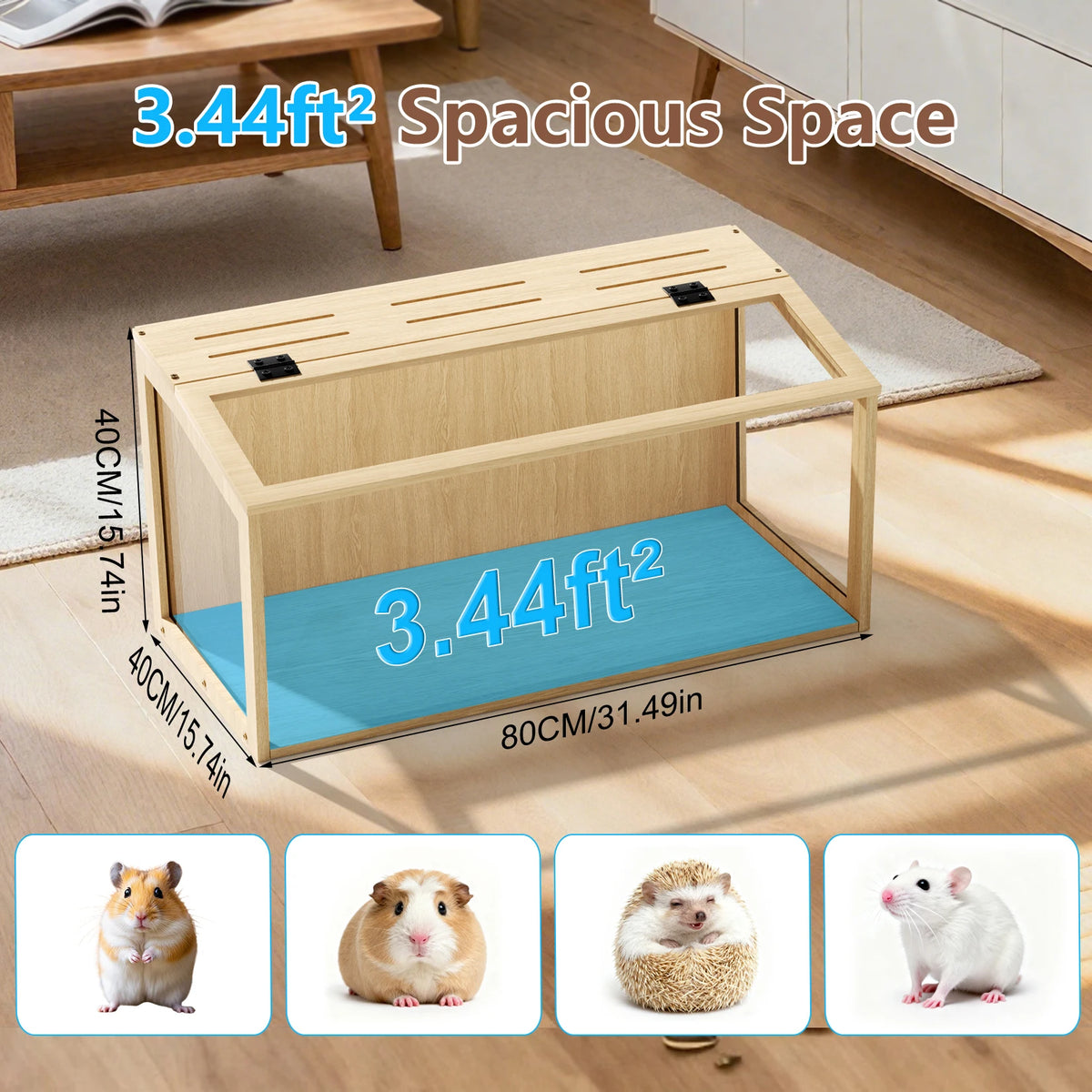 Large Wooden Hamster Cage Clear Tempered Glass Pet Small Animal Habitat Cage Playful House Built-in LED Light with Openable Roof