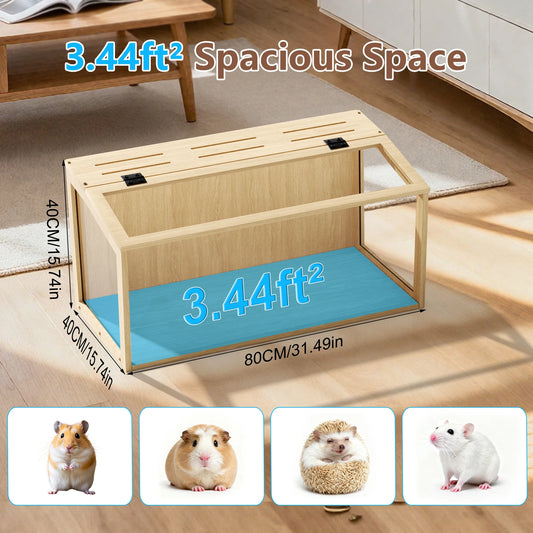 Large Wooden Hamster Cage Clear Tempered Glass Pet Small Animal Habitat Cage Playful House Built-in LED Light with Openable Roof