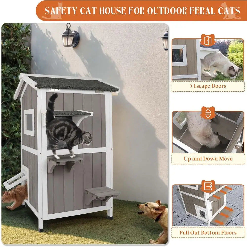 Outdoor Weatherproof Cat House 2 Story Wooden Shelter For Cats