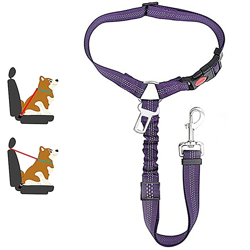 Two-In-One Pet Car Seat Belt Harness And Leash, Adjustable, Reflective