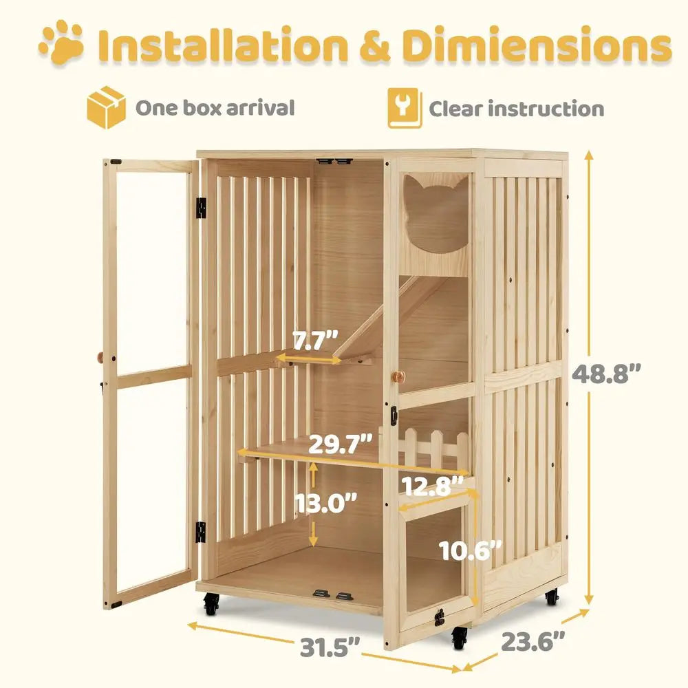 Luxury Wooden Cat Villa For Indoor Cats With Scratching Pad And Lockable Doors