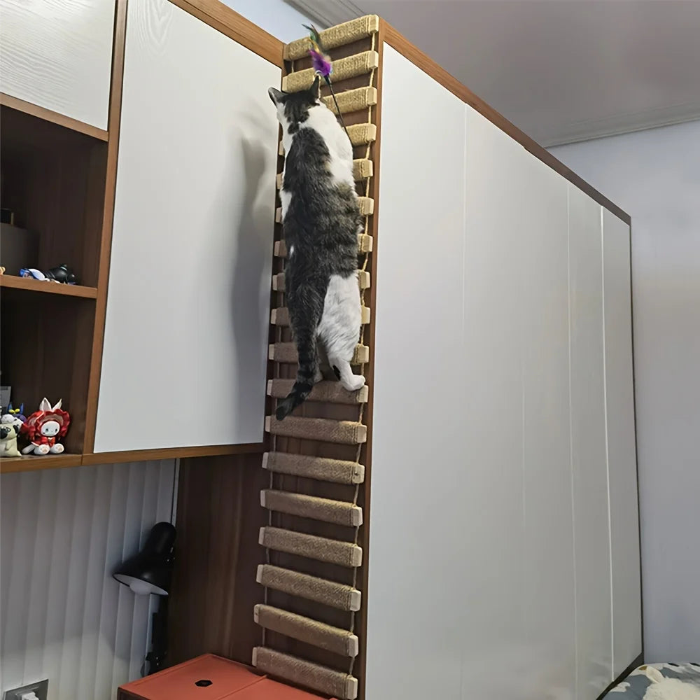 Multi Level Cat Ladder Indoor Bridge With Sisal Scratching Post And Plush Steps