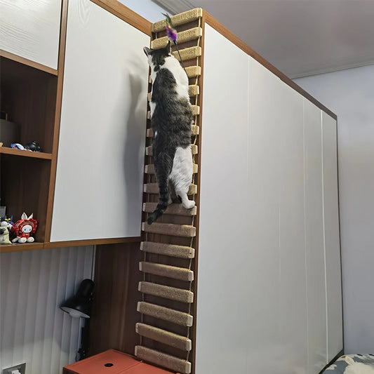 Multi Level Cat Ladder Indoor Bridge With Sisal Scratching Post And Plush Steps