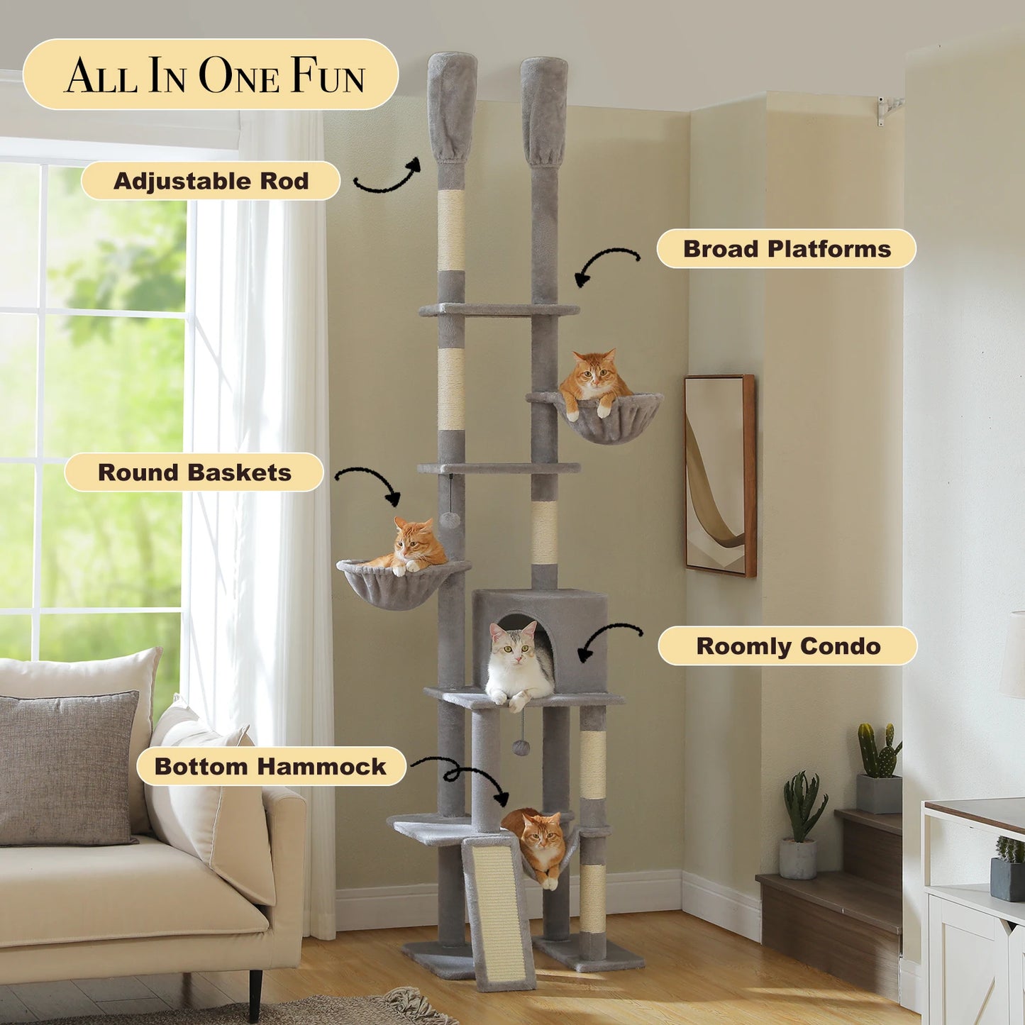 Cactus Cat Tree Floor to Ceiling Cat Tower 7 Tiers Cat Climbing Tree with Cozy Hammocks and Condos 5 Platforms Scratching Posts