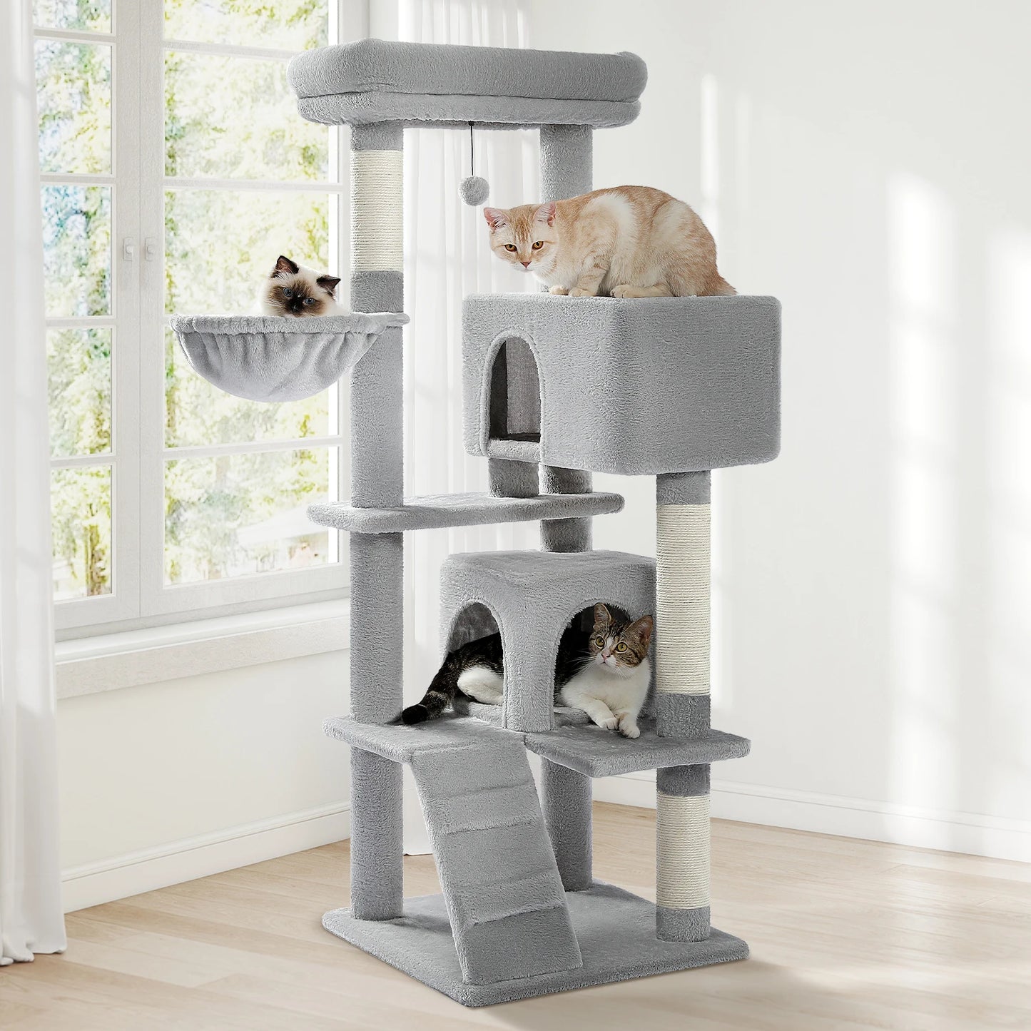 Multi-Level Cat Tree with Hammock, Soft Top Perch, Cozy Condos, Large Cat Tower, Cat Scratching Posts for Indoor, Cat Furniture