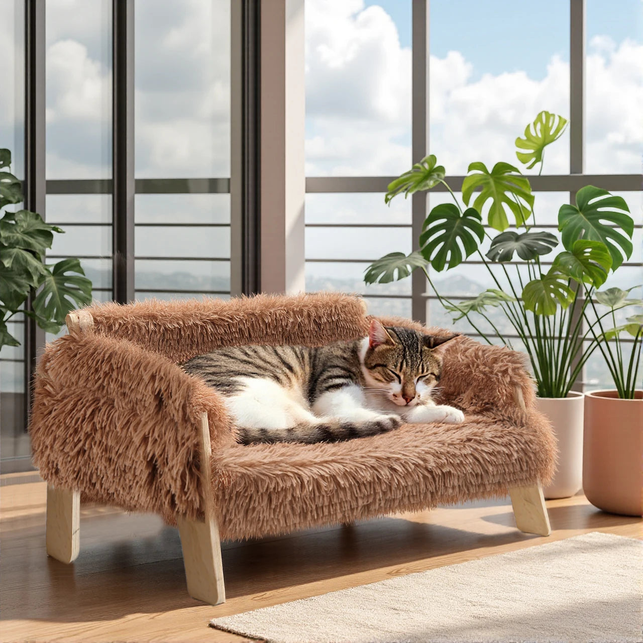 Raised Plush Cat Sofa Bed With Wooden Legs For Indoor Cats