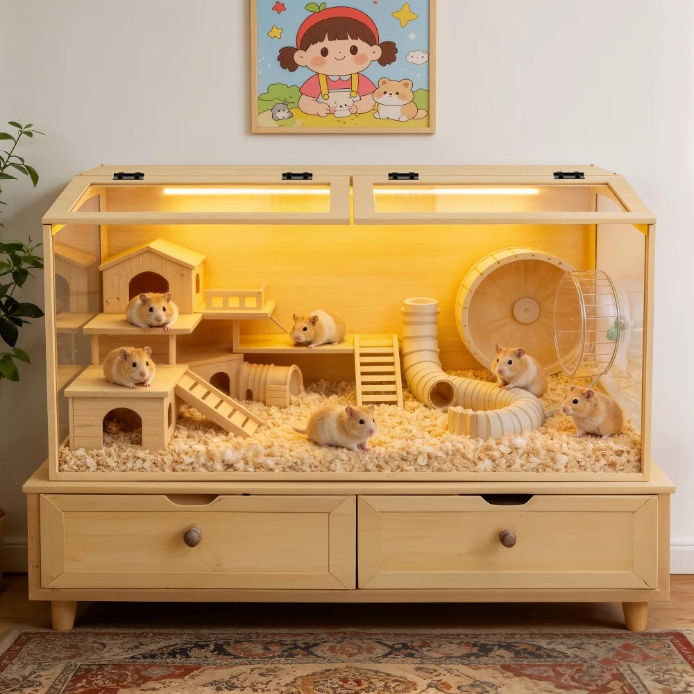 Large Wooden Hamster Cage Clear Tempered Glass Pet Small Animal Habitat Cage Playful House Built-in LED Light with Openable Roof