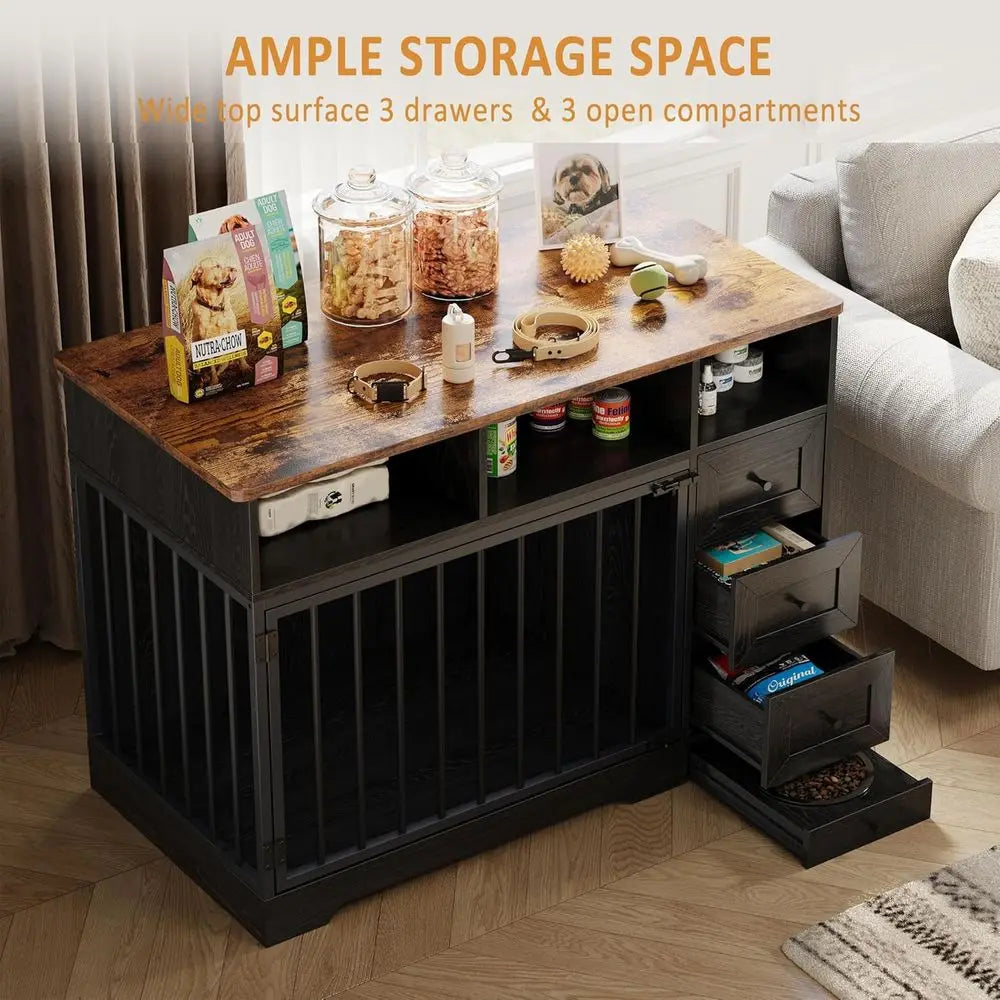 Farmhouse Style Heavy Duty Dog Crate End Table With Bowl Storage