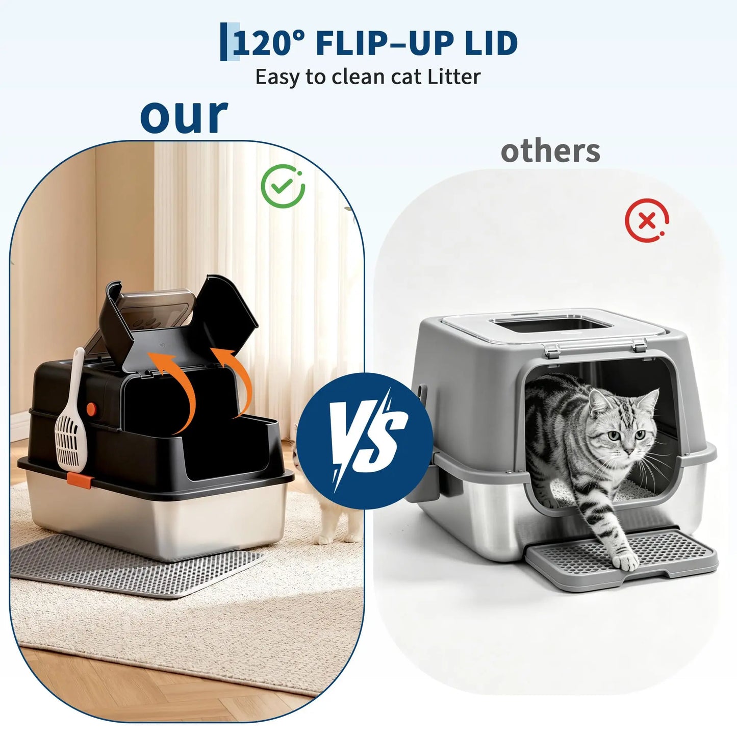 Enclosed Stainless Steel Litter Box With Lid Dog Proof XL Metal Litter Pan High Sided Anti Leak Front Entry Top Exit For Big Cats Includes Scoop For Multi Cat Home