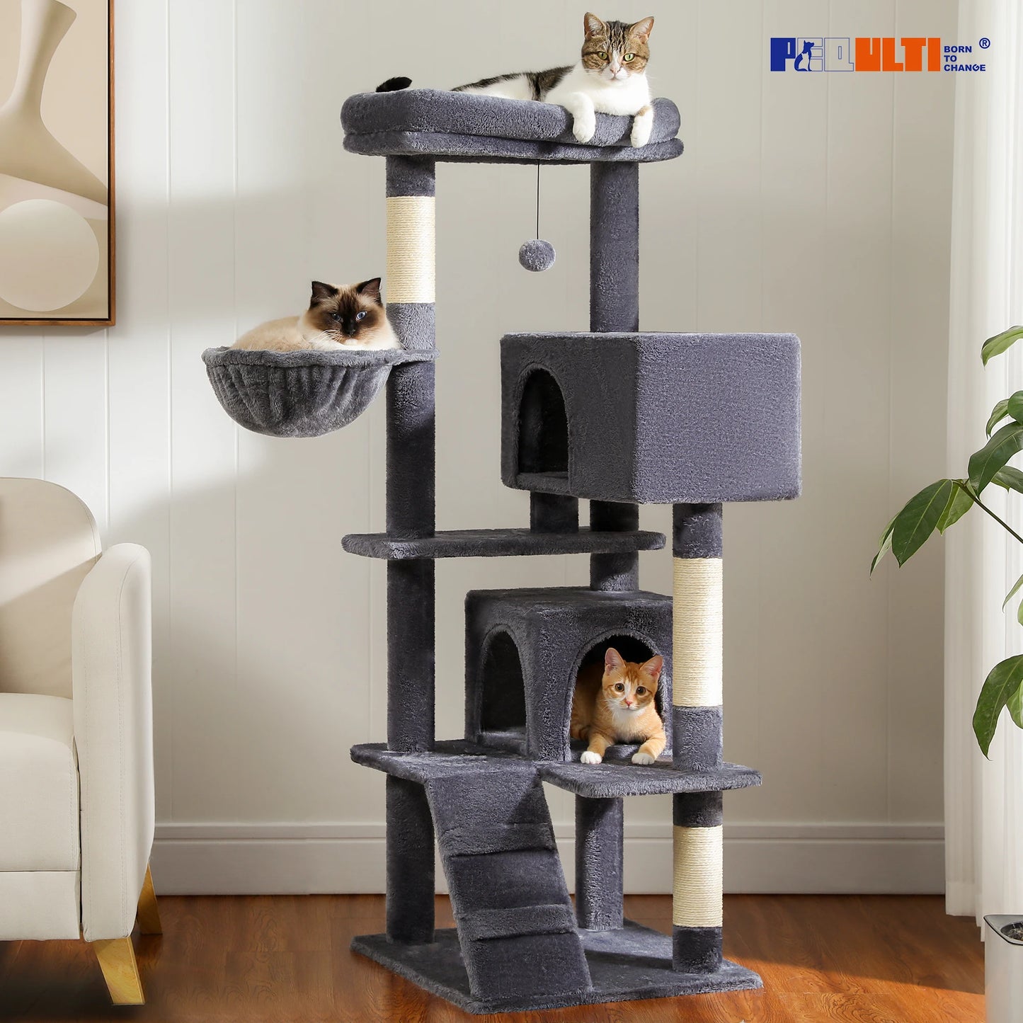 Multi-Level Cat Tree with Hammock, Soft Top Perch, Cozy Condos, Large Cat Tower, Cat Scratching Posts for Indoor, Cat Furniture