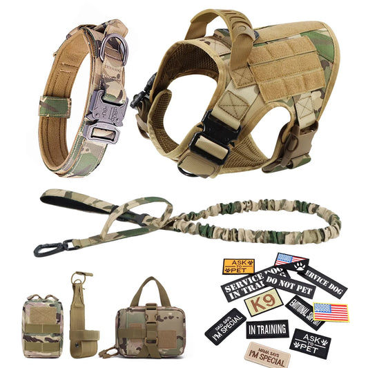 Military Large Dog Harness Collar Leash Bags Patches Set Pet Malinois Training Vests Tactical Dogs Harnesses Accessories
