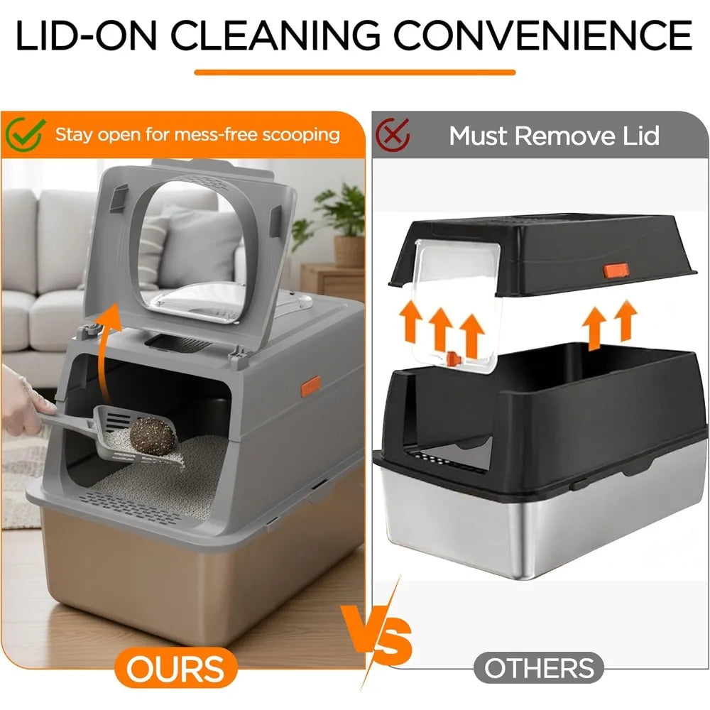 Extra Large Enclosed Stainless Steel Litter Box with Lid Scoop and Mat Odor Control for Big Cats