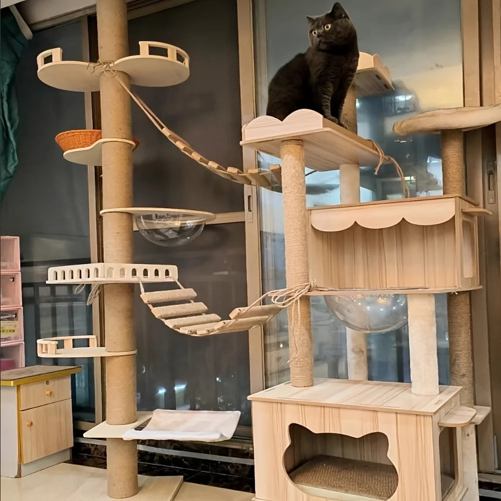 Multi Level Cat Ladder Indoor Bridge With Sisal Scratching Post And Plush Steps