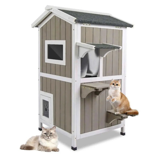 Outdoor Weatherproof Cat House 2 Story Wooden Shelter For Cats
