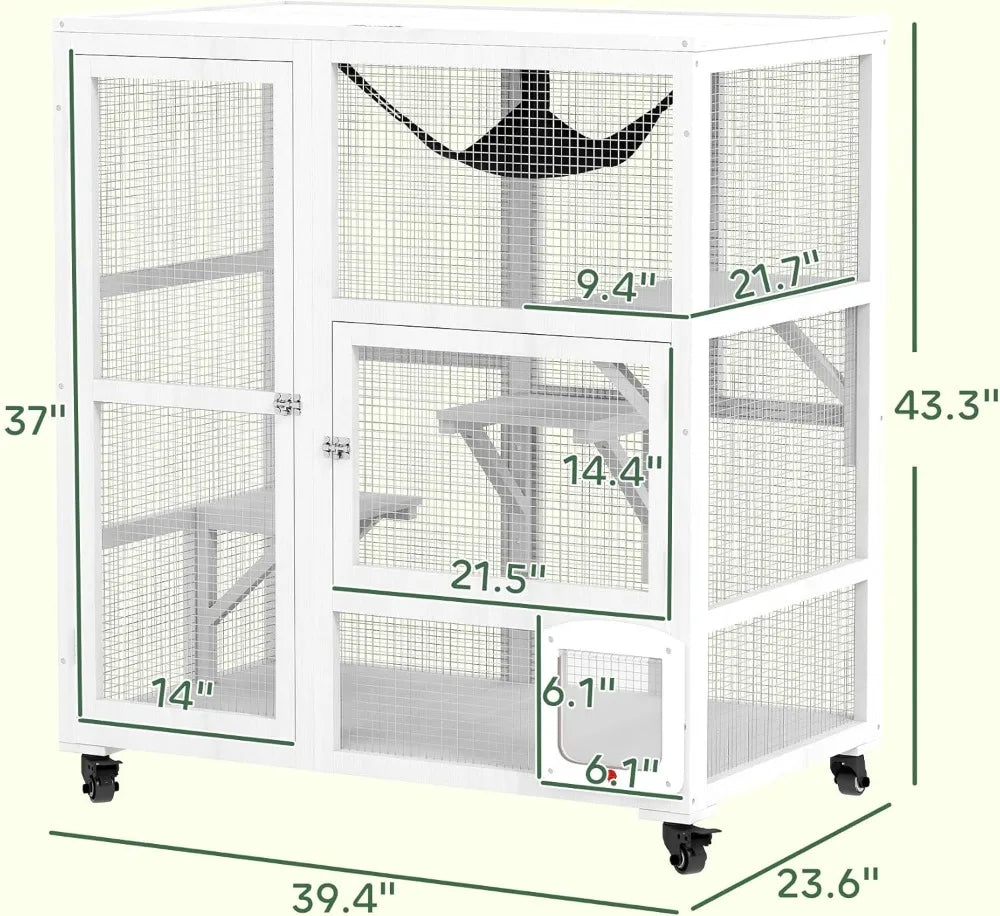 Indoor Wooden Cat Enclosure On Wheels With Three Platforms Hammock Cat Flap Door