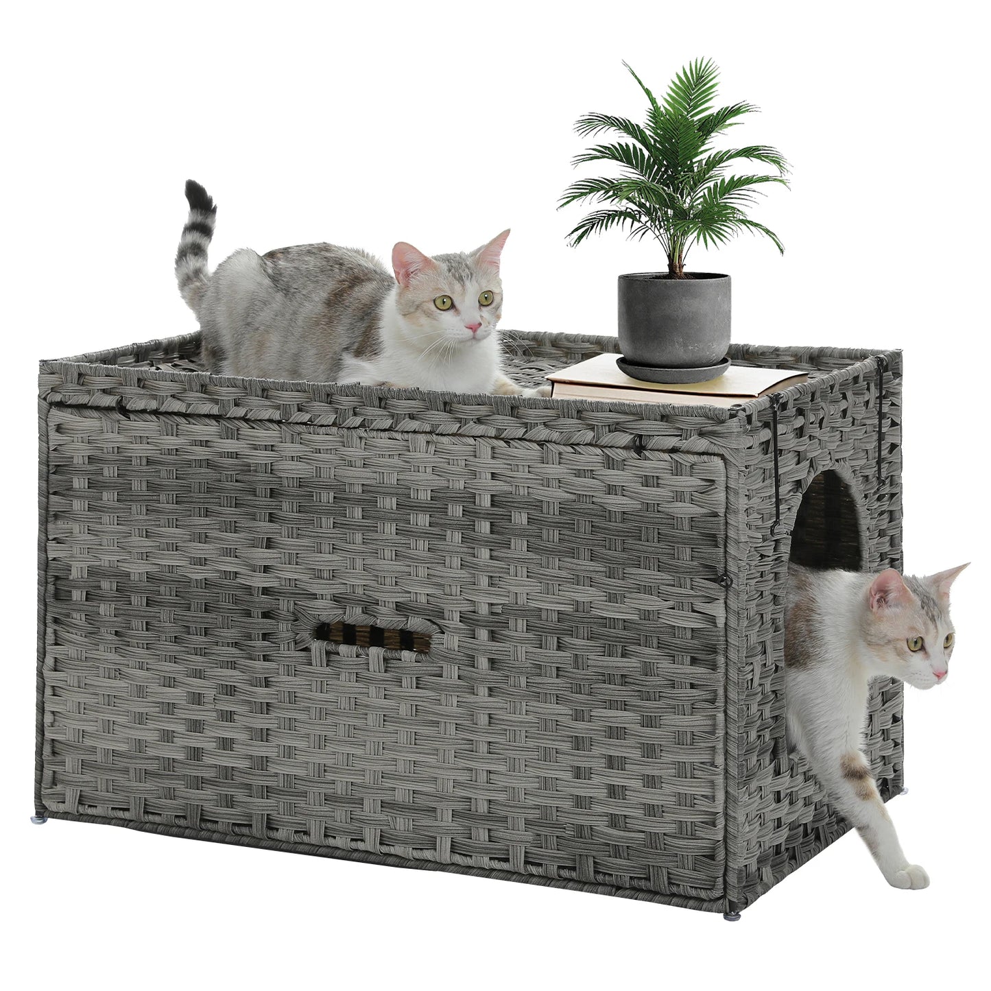 PEQULTI Rattan Cat Litter Box Enclosure With Taller Doorway And Raised Edge Mat