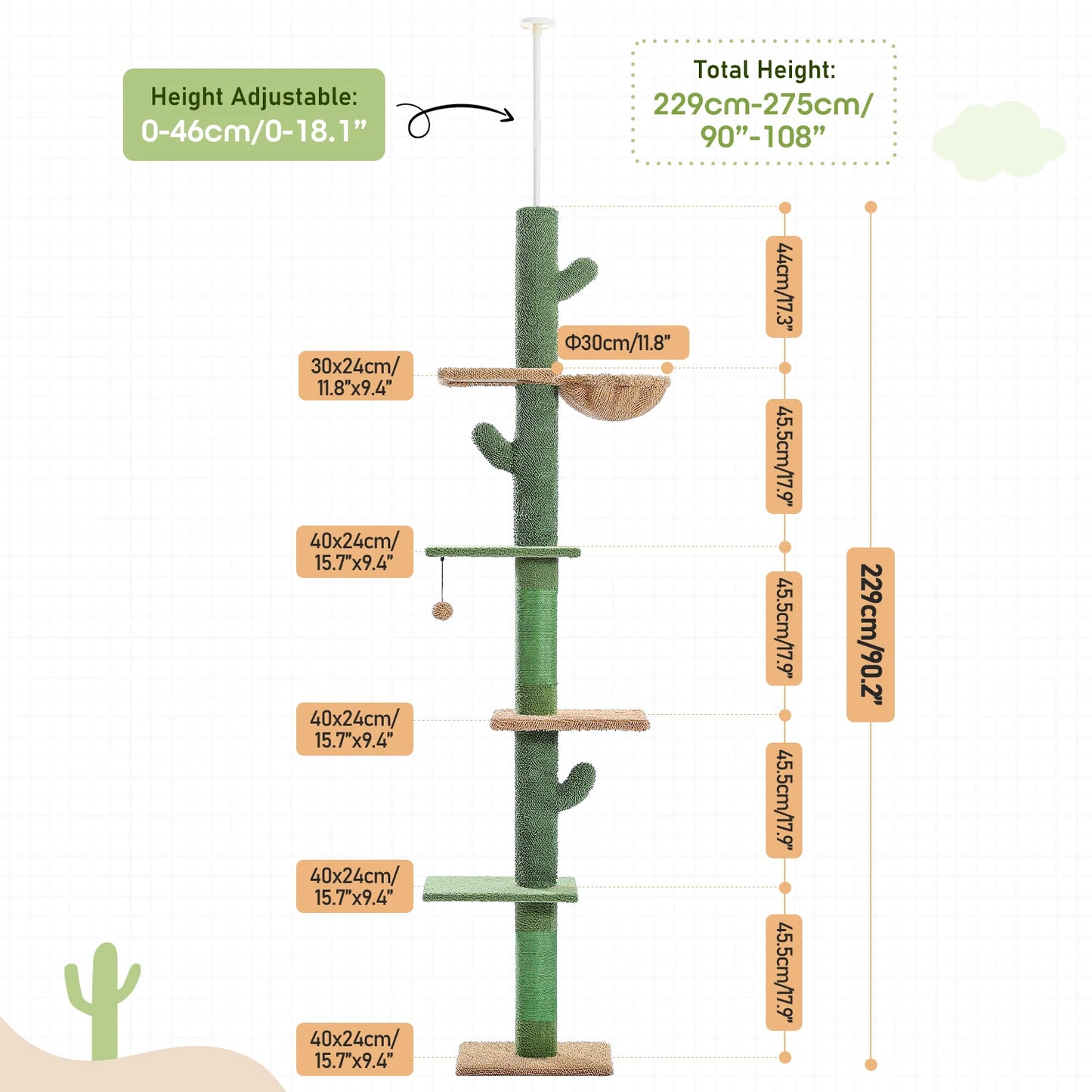 PEQULTI Cactus Cat Tree Floor To Ceiling Tower With Sisal Scratching Post