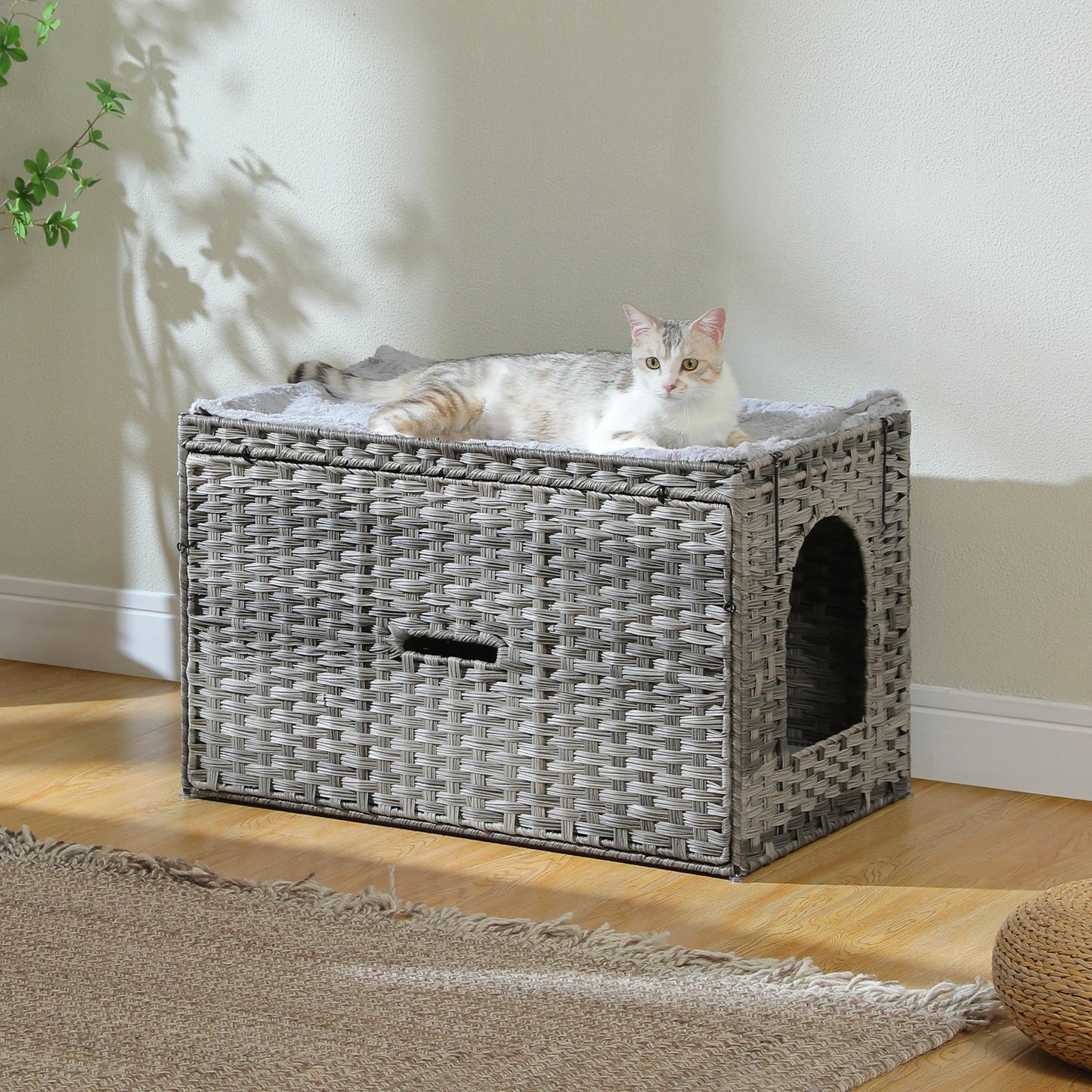 PEQULTI Rattan Cat Litter Box Enclosure With Taller Doorway And Raised Edge Mat