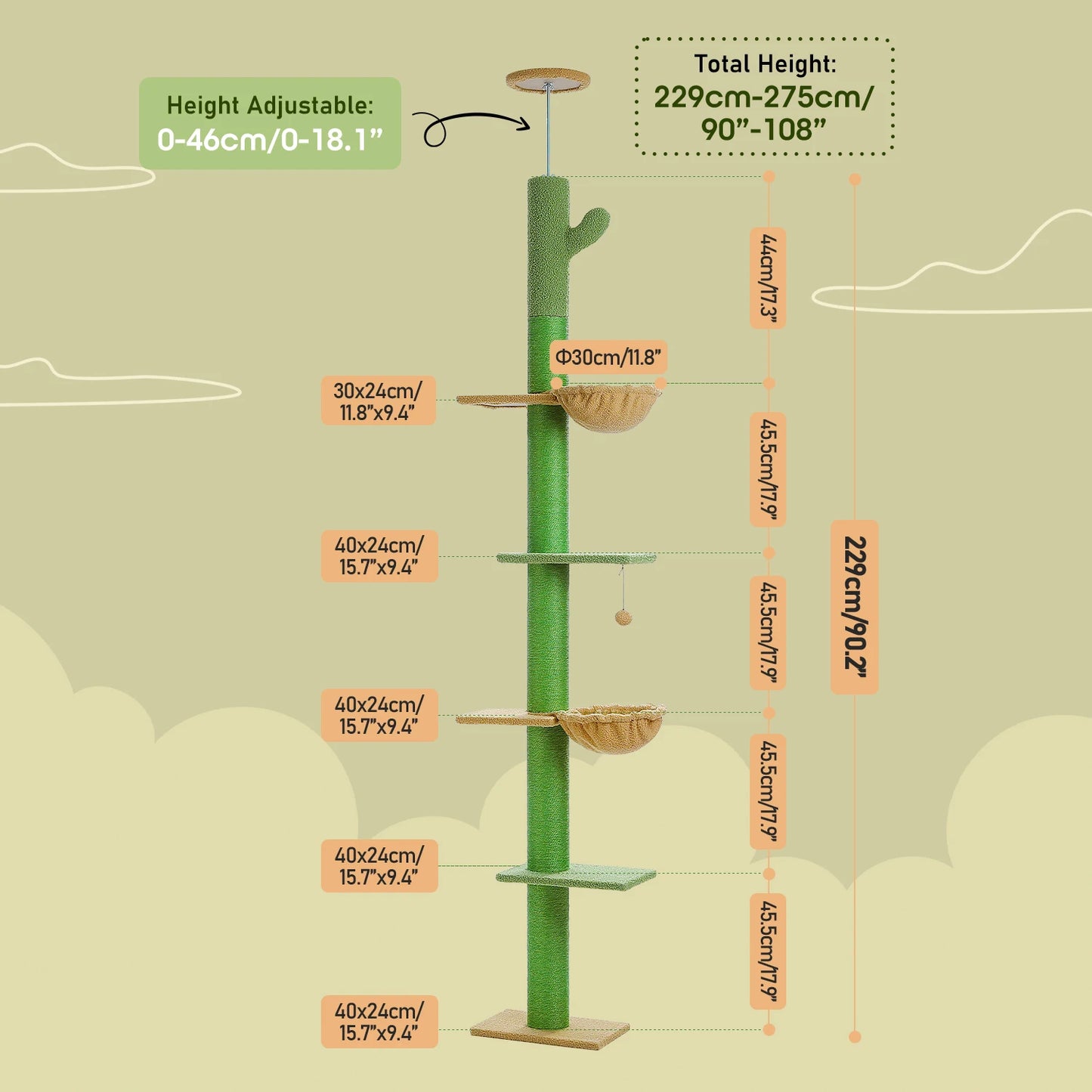 PEQULTI Cactus Cat Tree Floor To Ceiling Tower With Sisal Scratching Post