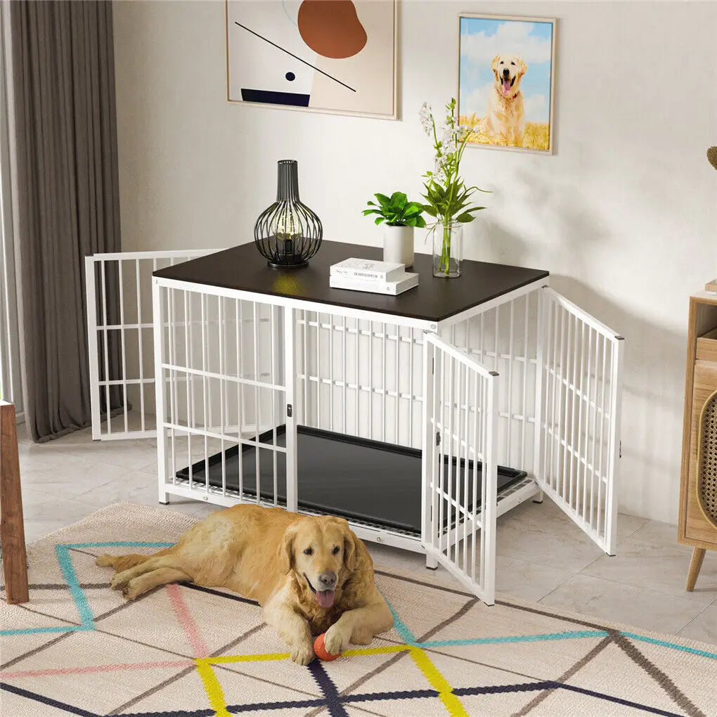BINGOPAW Heavy Duty Dog Kennel End Table Metal Wood Cage Removable Tray