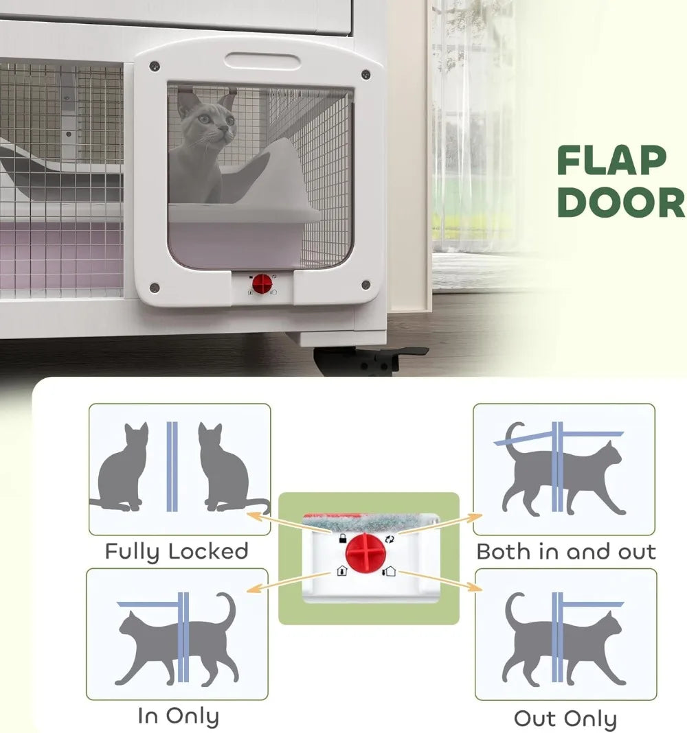 Indoor Wooden Cat Enclosure On Wheels With Three Platforms Hammock Cat Flap Door