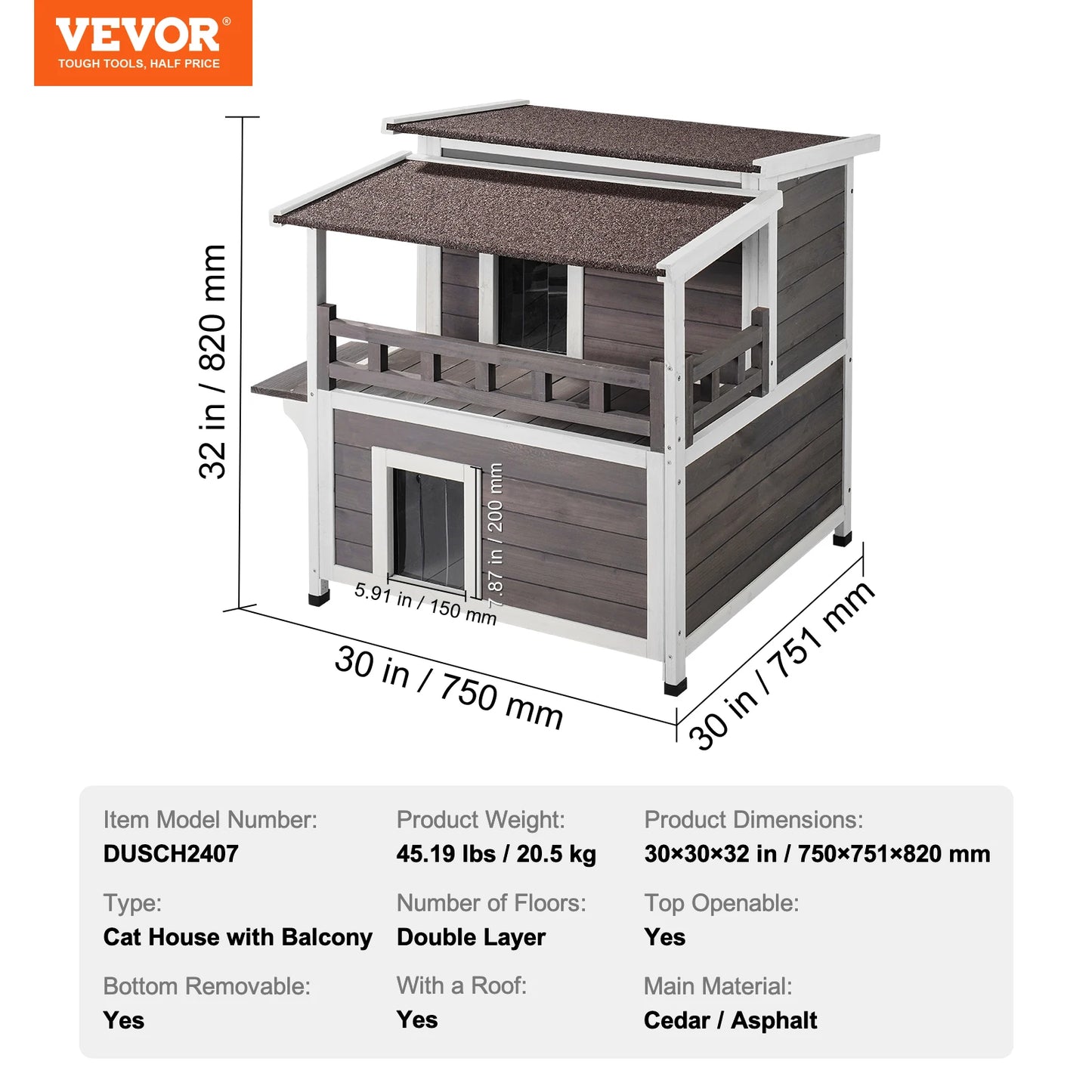 SucceBuy Outdoor Cat House Weatherproof 2 Story Wooden Shelter With Balcony Door