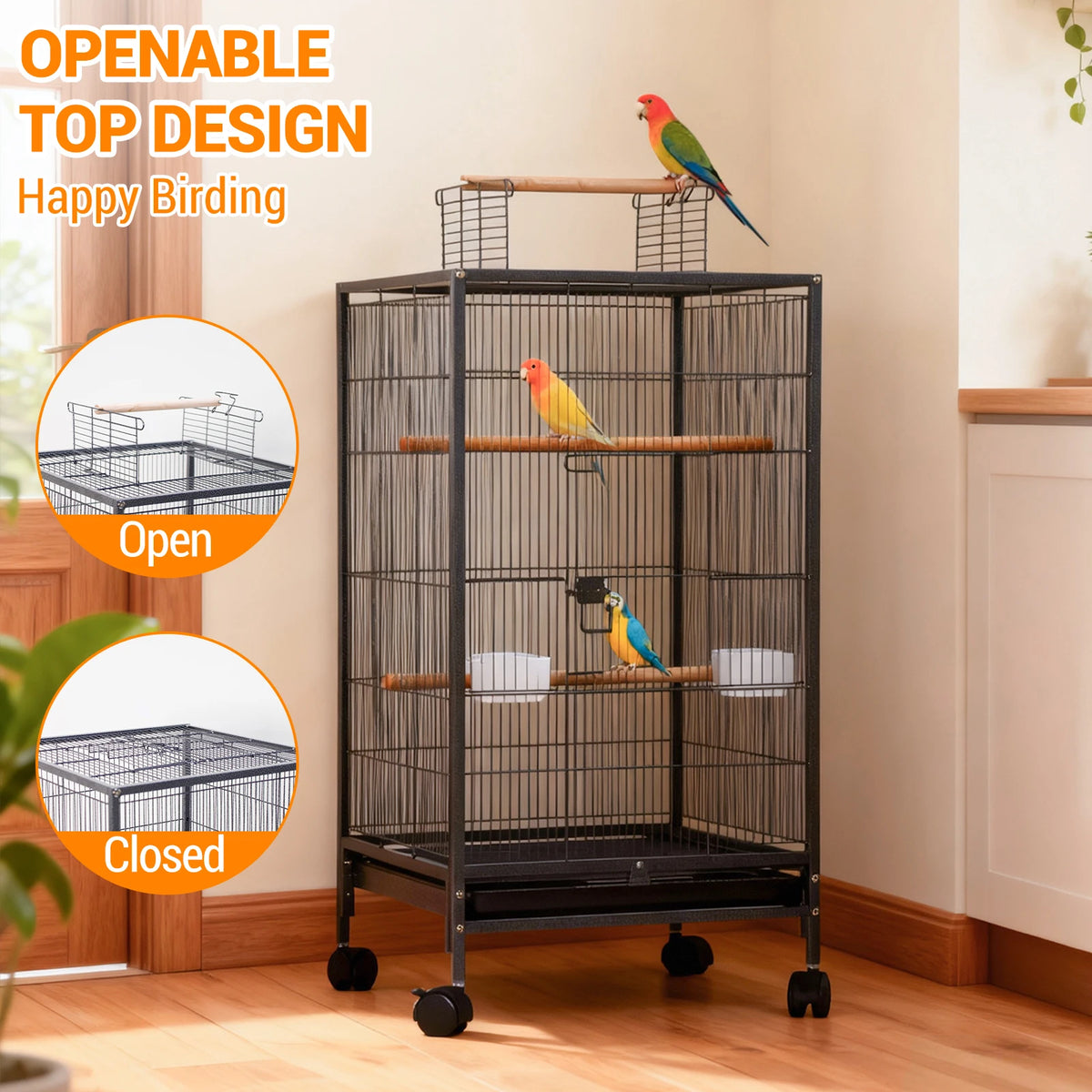 40 Inch Open Top Metal Bird Cage With Wooden Perches Slide-Out Tray Wheels Water Bottle Feeder For Parrot Parakeet Cockatiel