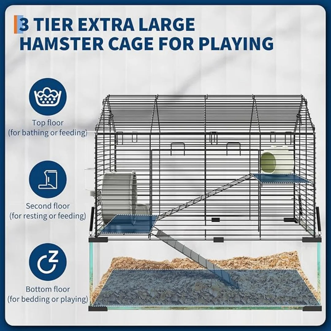 HiMISS 3 Tier Hamster Enclosure With Glass Panels For Viewing