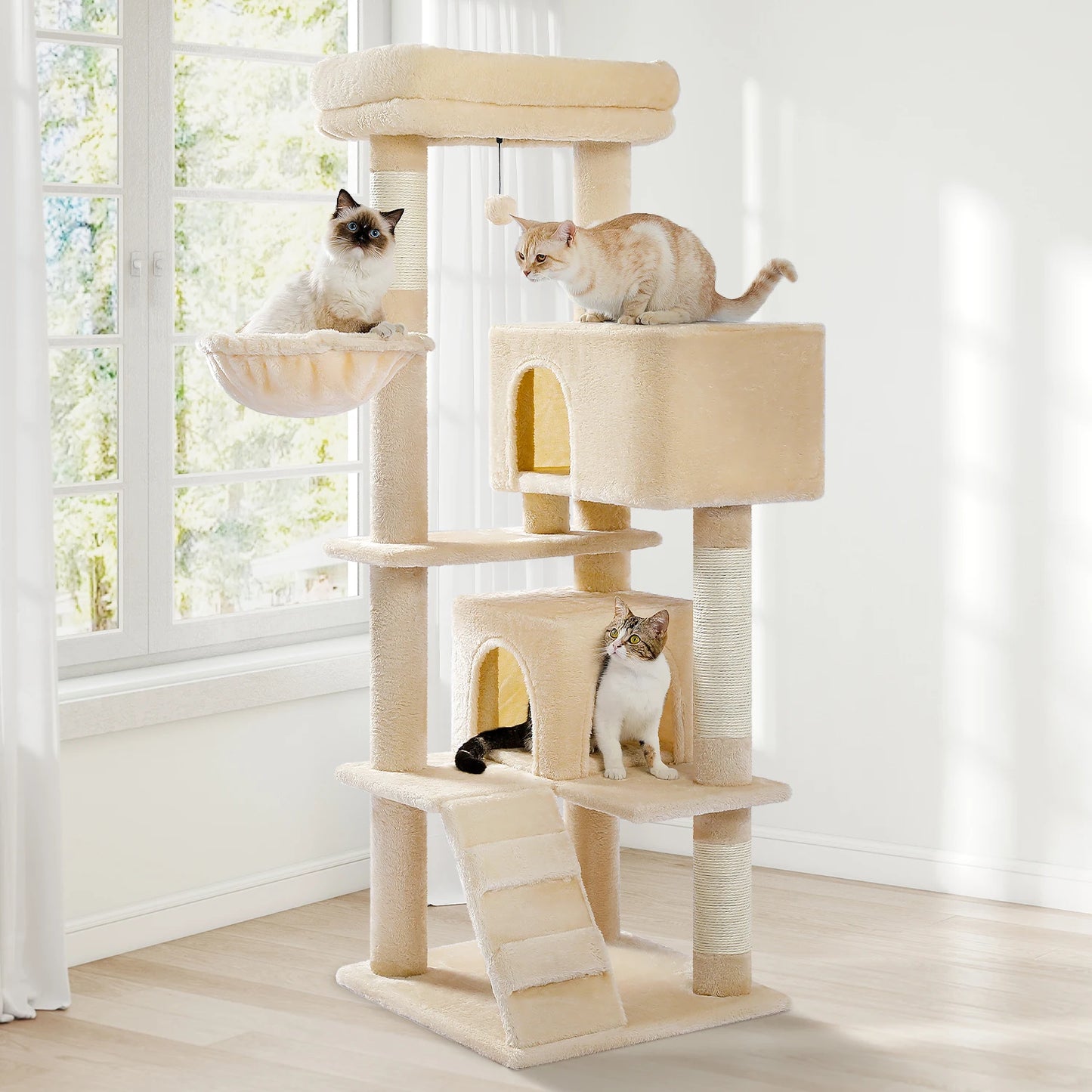 Multi-Level Cat Tree with Hammock, Soft Top Perch, Cozy Condos, Large Cat Tower, Cat Scratching Posts for Indoor, Cat Furniture