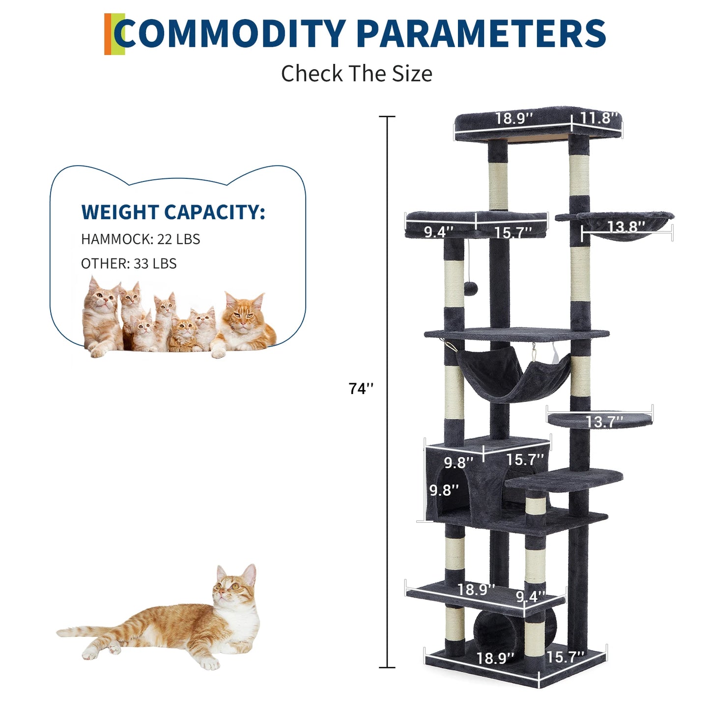HiMISS Five Tier Cat Tree Tower With Scratching Posts And Hammock