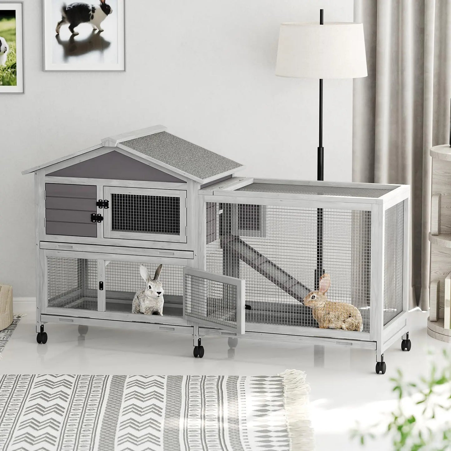 HiMISS Two Story Weatherproof Rabbit Hutch With Lockable Wheels Indoor Outdoor