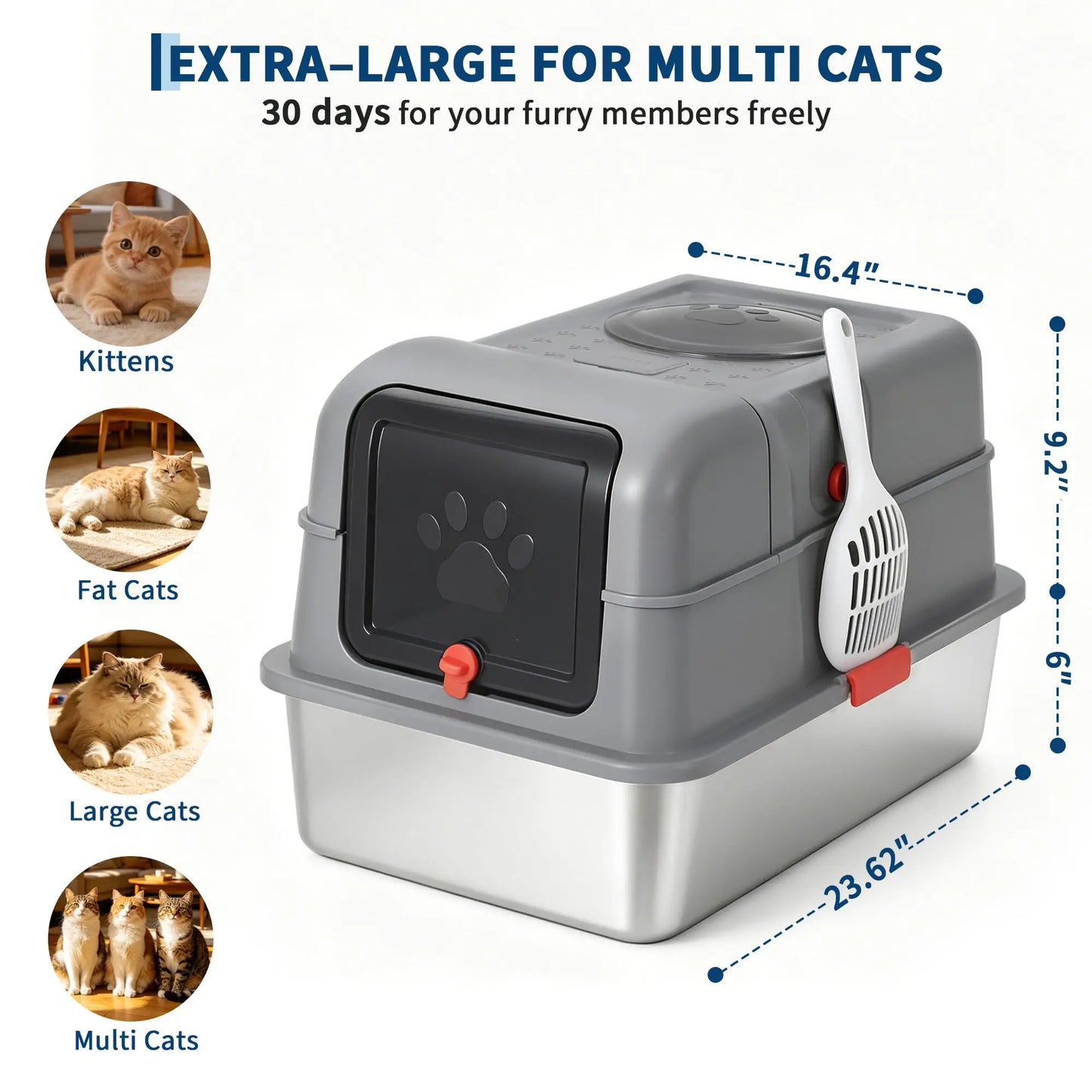 Enclosed Stainless Steel Litter Box With Lid Dog Proof XL Metal Litter Pan High Sided Anti Leak Front Entry Top Exit For Big Cats Includes Scoop For Multi Cat Home