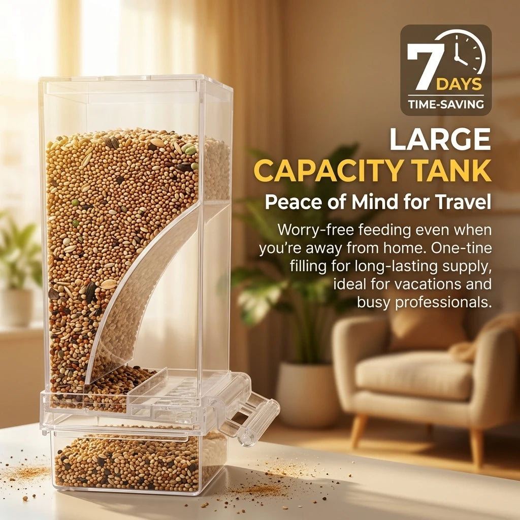 No Mess Automatic Bird Feeder Clear Acrylic Seed Dispenser Spill-Proof Parrot Feeder Cage Accessories for Budgies Parakeet Cockatiel Finch