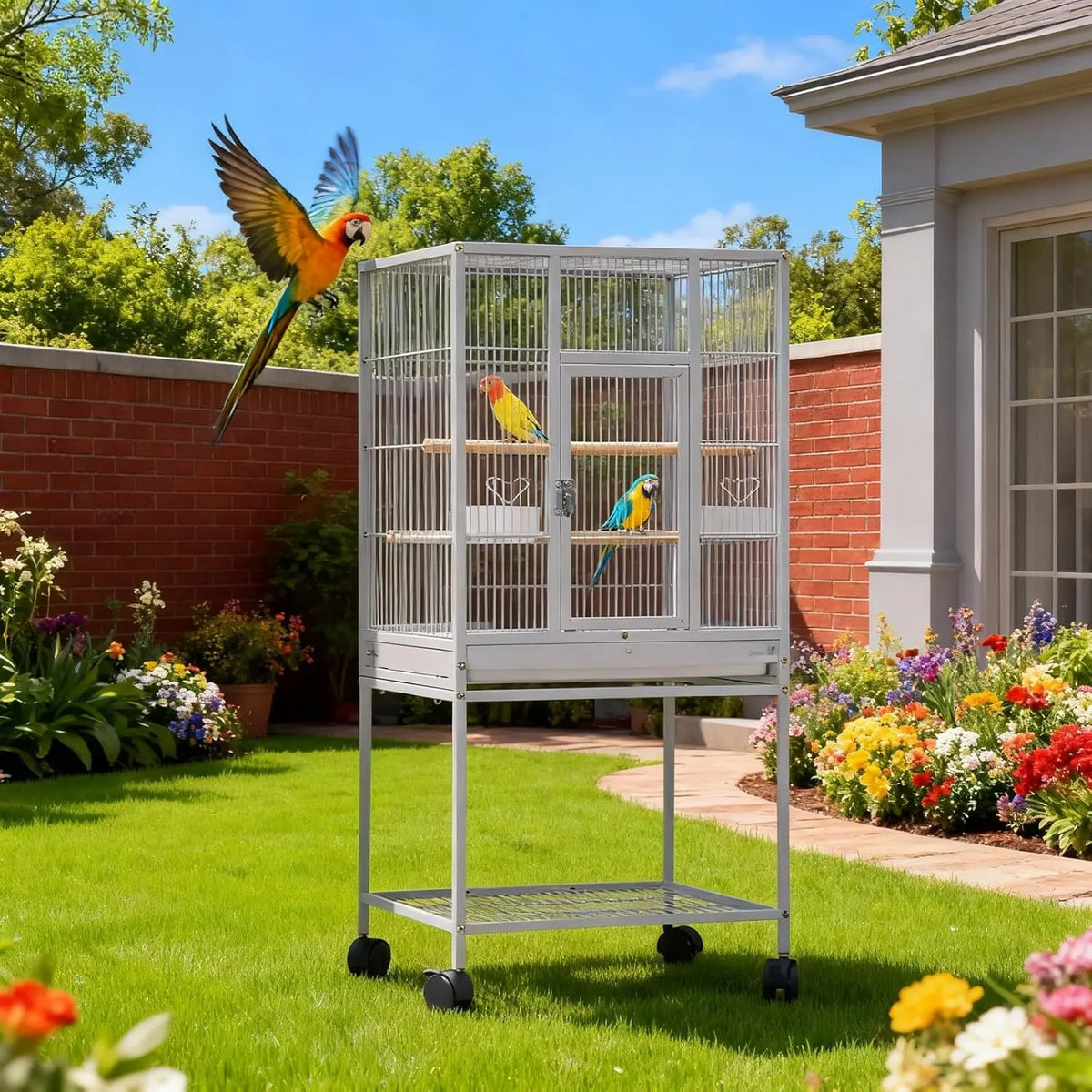 Large Bird Cage with Rolling Stand, Wrought Iron Parakeet Cage with Slide Out Tray Parrot Cages with Tray Food Boxes and Wooden