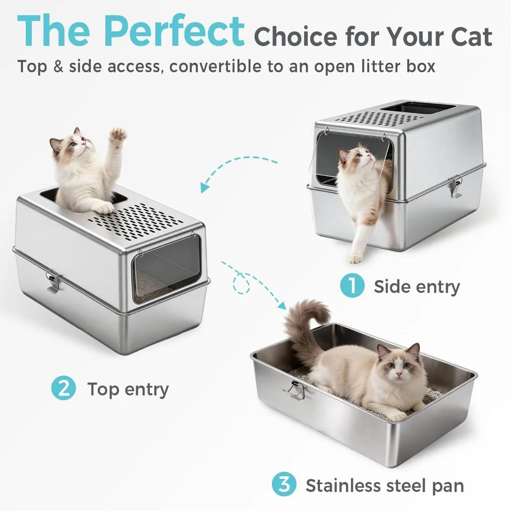 Enclosed Stainless Steel Litter Box High Sided Odor Control Easy Clean