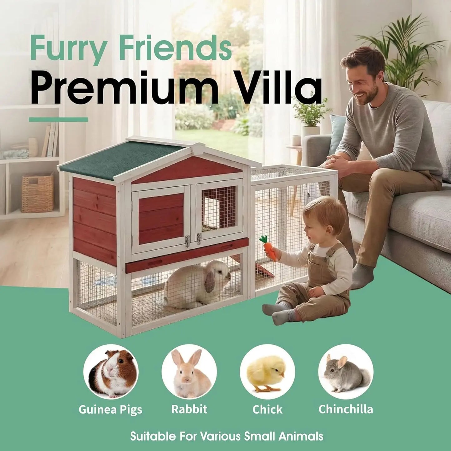 HiMISS Farm Animals Rabbit Hutch Outdoor 2 Tier Wooden Cage With Ramp