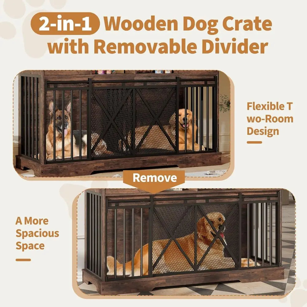 Double Dog Crate Furniture With Divider And Sliding Doors