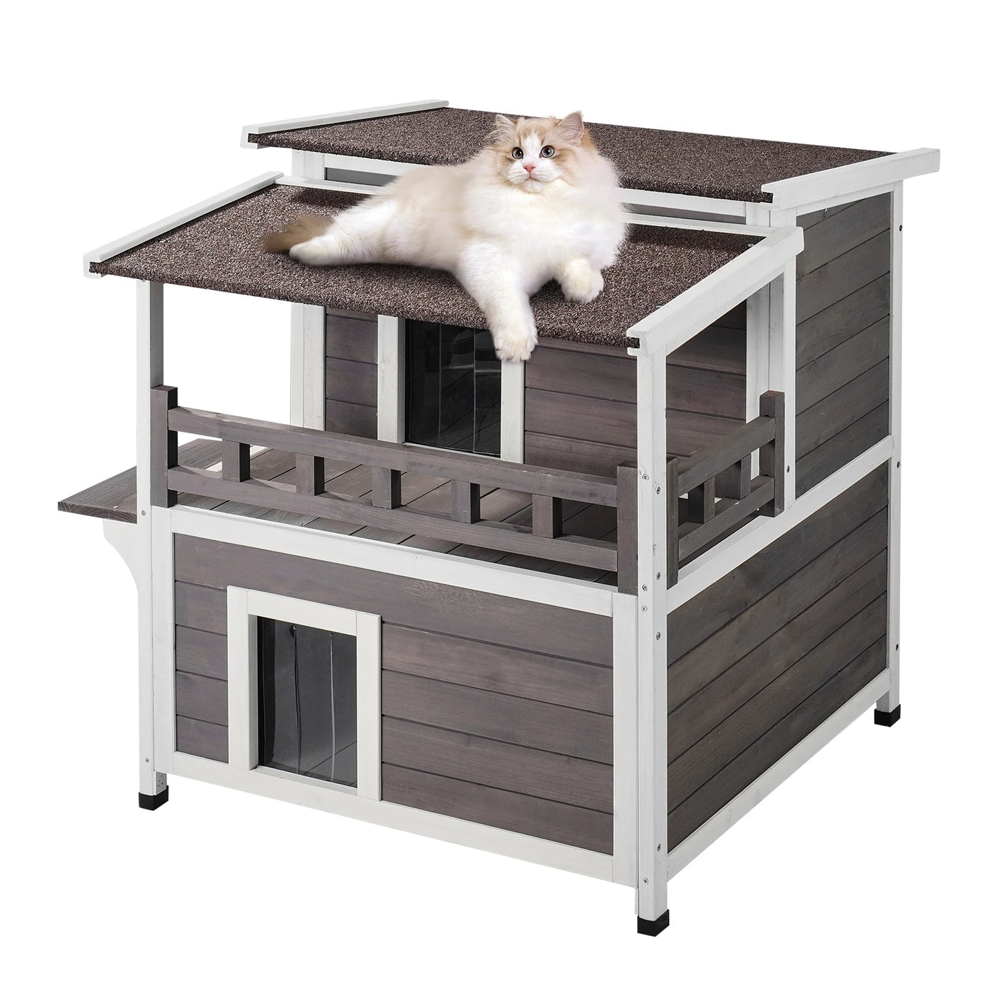 SucceBuy Outdoor Cat House Weatherproof 2 Story Wooden Shelter With Balcony Door