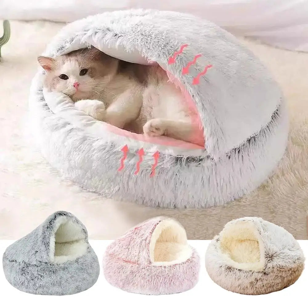 Winter Plush Round Cat Bed 2 In 1 Sleeping Nest For Small Dogs