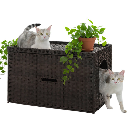 PEQULTI Rattan Cat Litter Box Enclosure With Taller Doorway And Raised Edge Mat