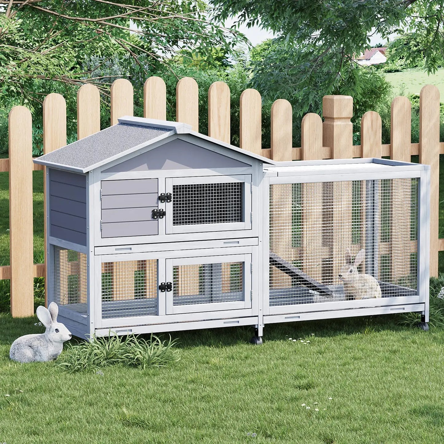 HiMISS Two Story Weatherproof Rabbit Hutch With Lockable Wheels Indoor Outdoor