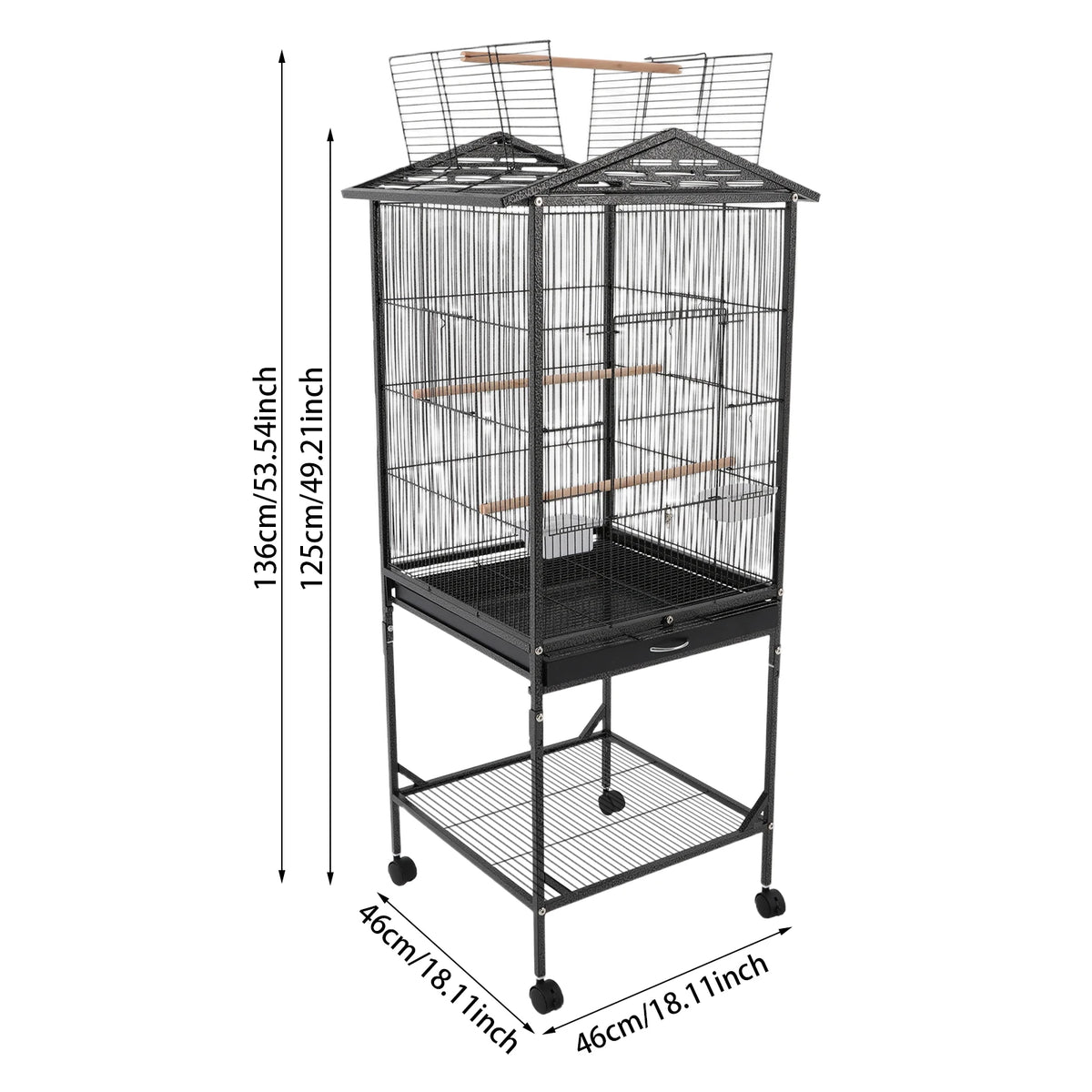 Bird Cage with Play Open Top, Floor Standing Metal Bird Cage, Bird Cage with 4 Wheels for Budgerigars, Parakeets, Parrots